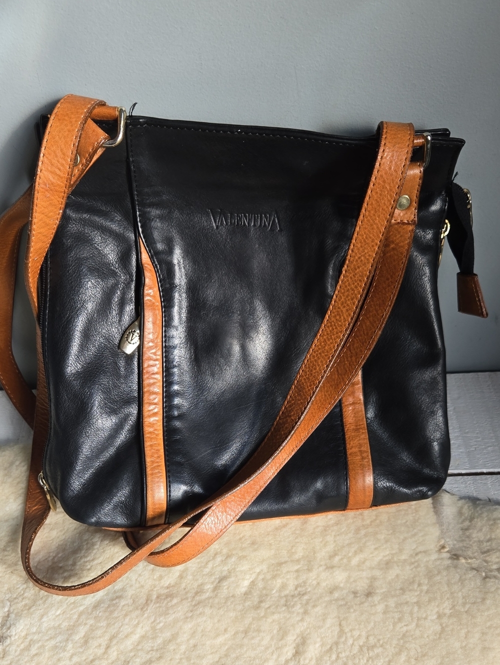 Valentina Black and Tan Leather Crossbody Bag